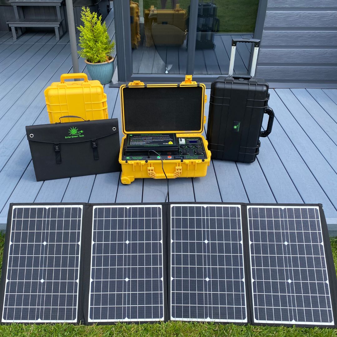 Product image of the Solar Green Tech solar generator accompanied with its folding panel